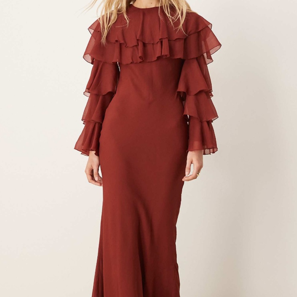 ASOS Maroon Long Sleeve Ruffle Dress - Picture 2 of 6